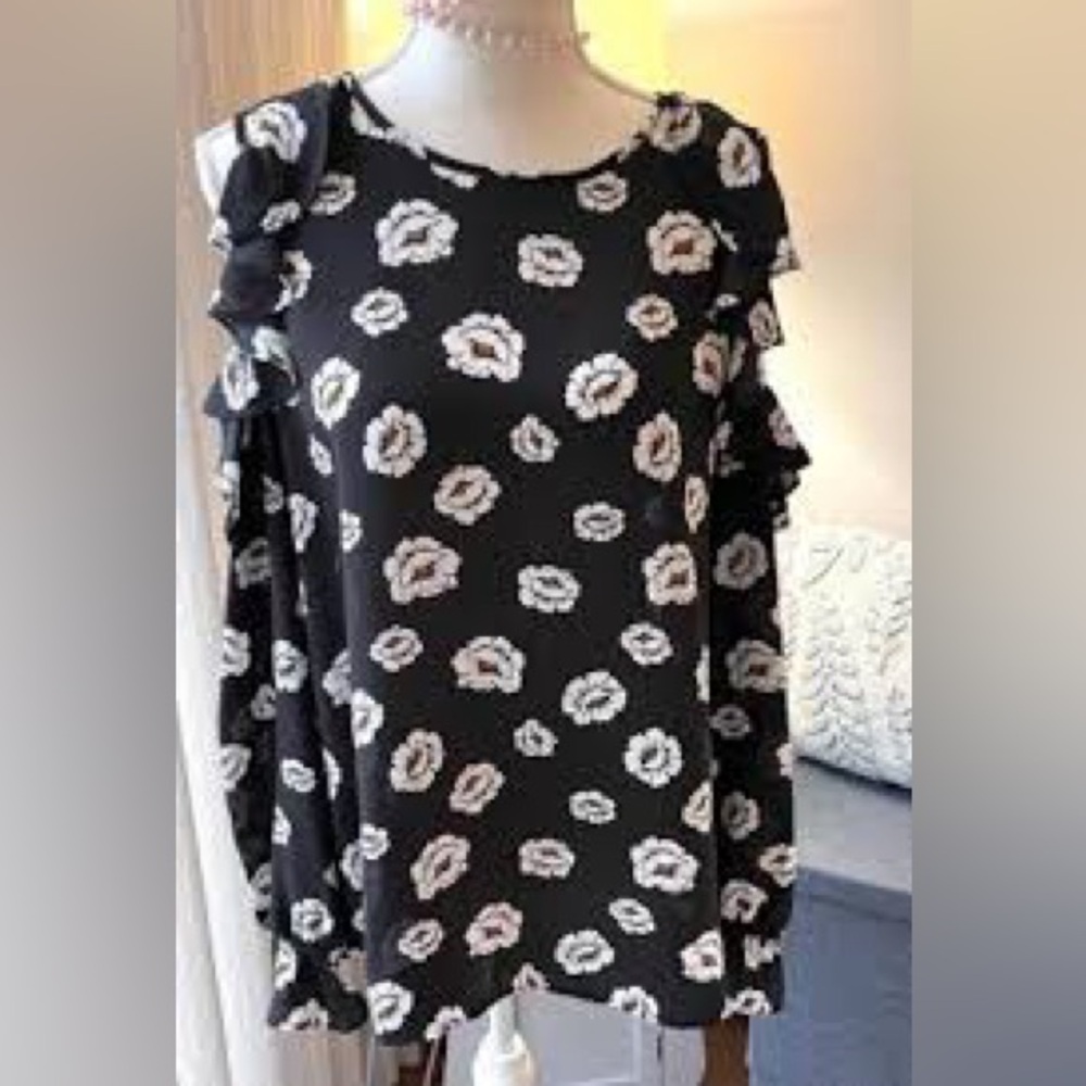 Black Floral Ruffle Open Shoulder Blouse